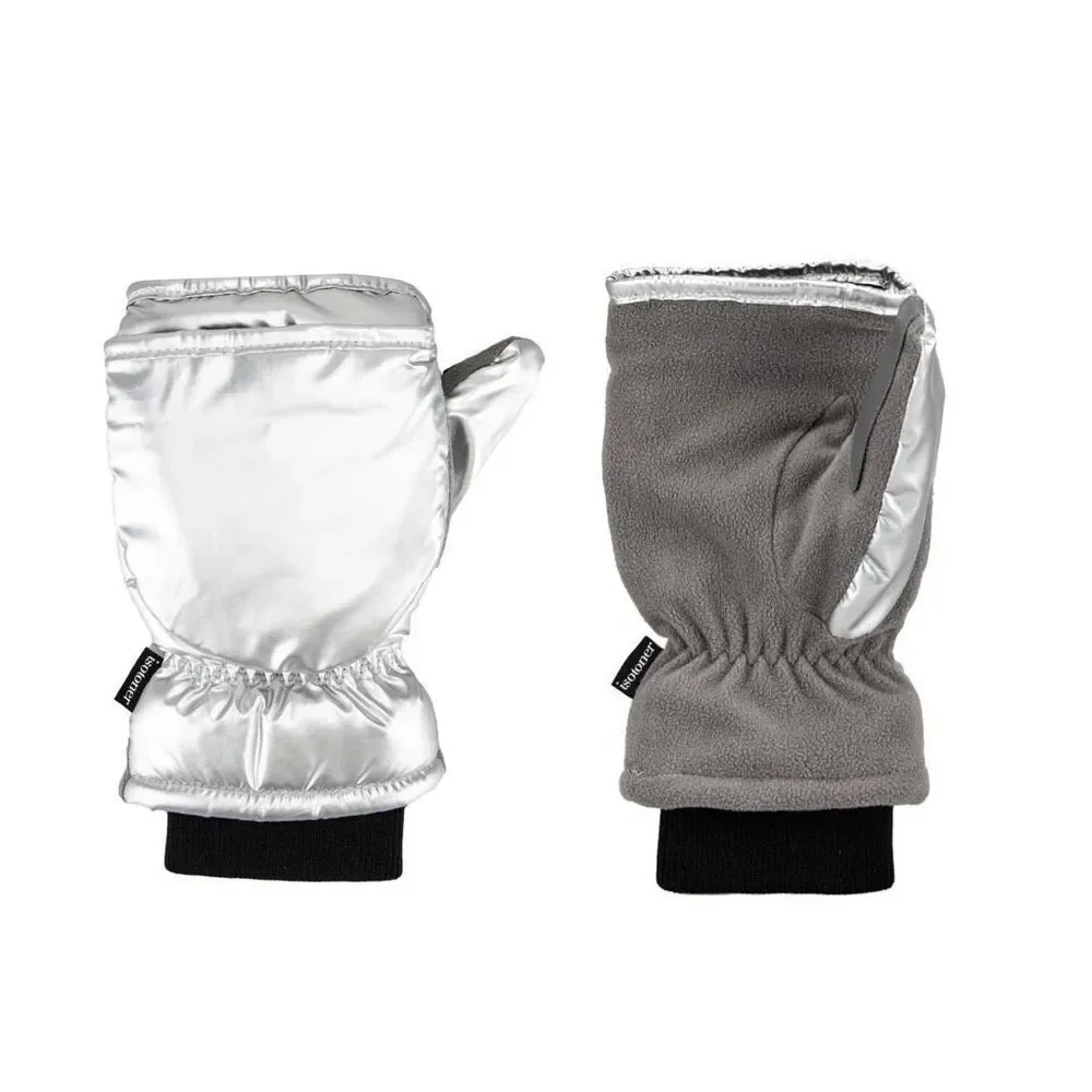 Isotoner Women’s Metallic Silver Flip-Top Mittens Warm Insulated L/XL New